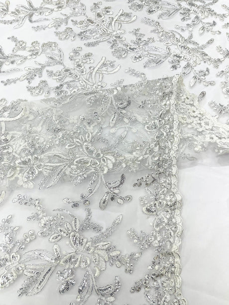 Butterfly Corded Lace Fabric - Butterfly Embroidery, Metallic Sequins, 54" Width (1 Yard)