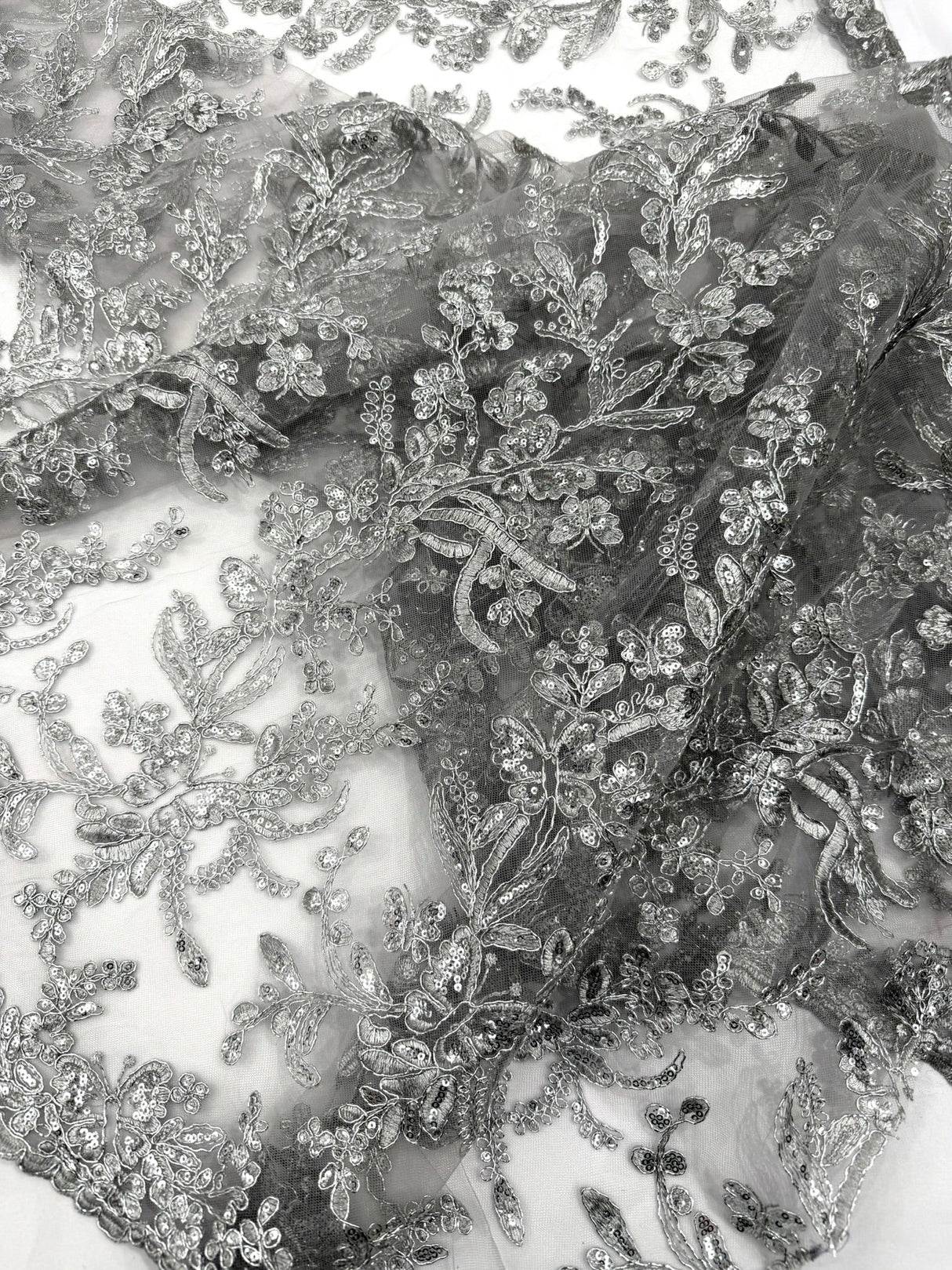Butterfly Corded Lace Fabric - Butterfly Embroidery, Metallic Sequins, 54" Width (1 Yard)