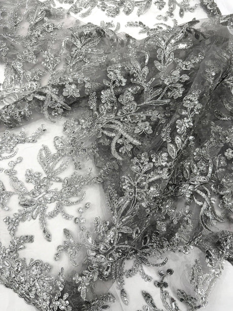 Butterfly Corded Lace Fabric - Butterfly Embroidery, Metallic Sequins, 54" Width (1 Yard)