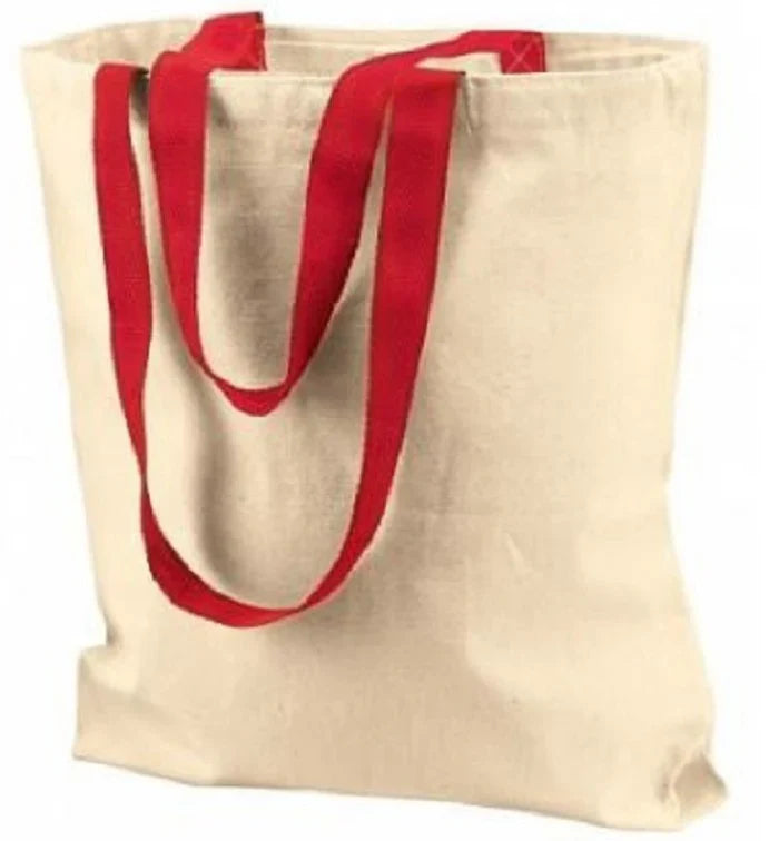 Canvas Tote Bag - Tan, Red Handle, 15" X 14" X 3" (1 Bag)