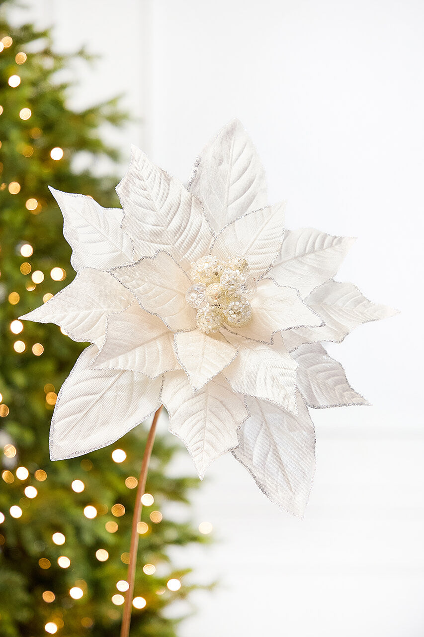 29" x 13" Cream Glitter & Bead Poinsettia Stem