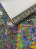 Crocodile Embossed PVC Holographic Vinyl Fabric - Gold, Pink, Red, Silver, Steel Lead, Turquoise, Crocodile Embossed, 54" Width (1 Yard)