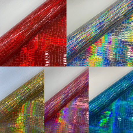Crocodile Embossed PVC Holographic Vinyl Fabric - Gold, Pink, Red, Silver, Steel Lead, Turquoise, Crocodile Embossed, 54" Width (1 Yard)