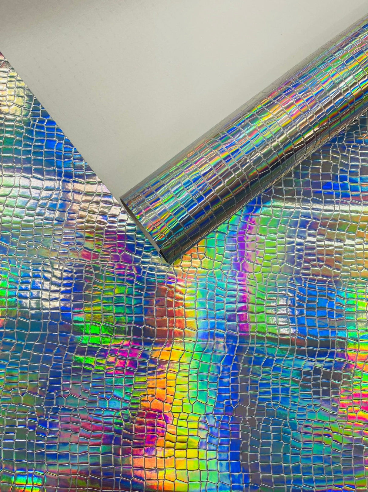 Crocodile Embossed PVC Holographic Vinyl Fabric - Gold, Pink, Red, Silver, Steel Lead, Turquoise, Crocodile Embossed, 54" Width (1 Yard)