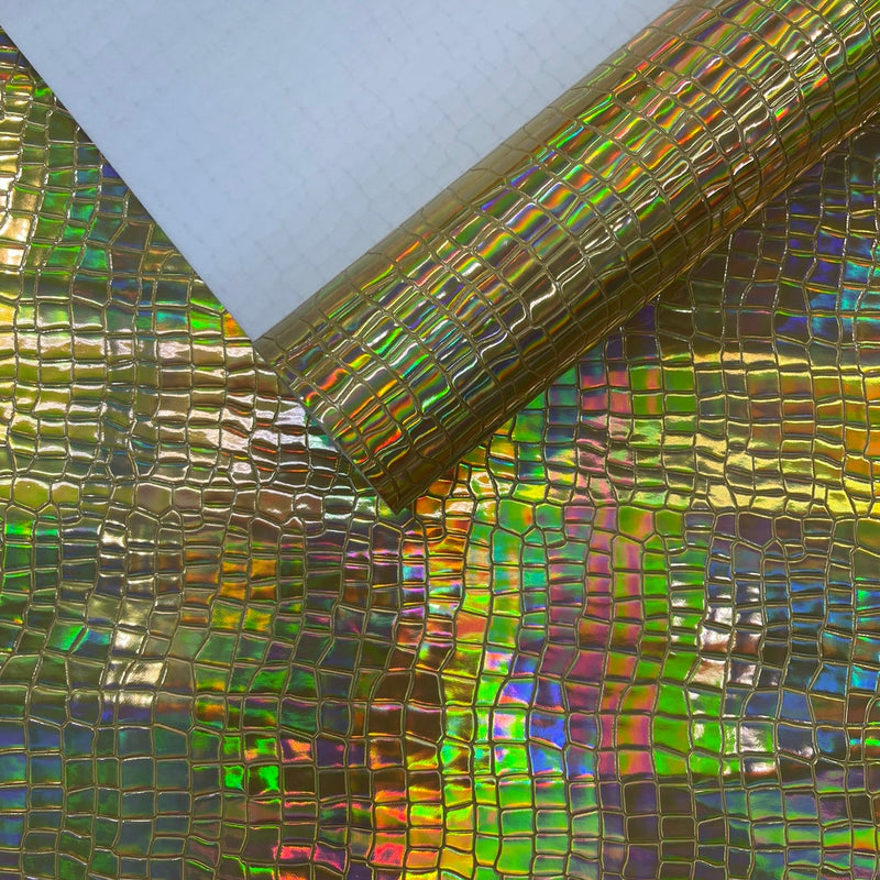 Crocodile Embossed PVC Holographic Vinyl Fabric - Gold, Pink, Red, Silver, Steel Lead, Turquoise, Crocodile Embossed, 54" Width (1 Yard)