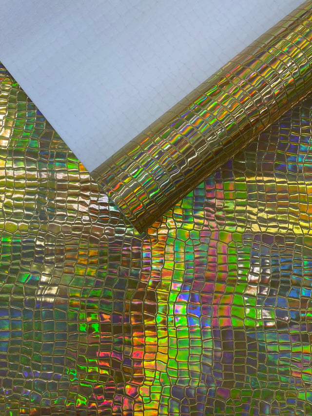 Crocodile Embossed PVC Holographic Vinyl Fabric - Gold, Pink, Red, Silver, Steel Lead, Turquoise, Crocodile Embossed, 54" Width (1 Yard)