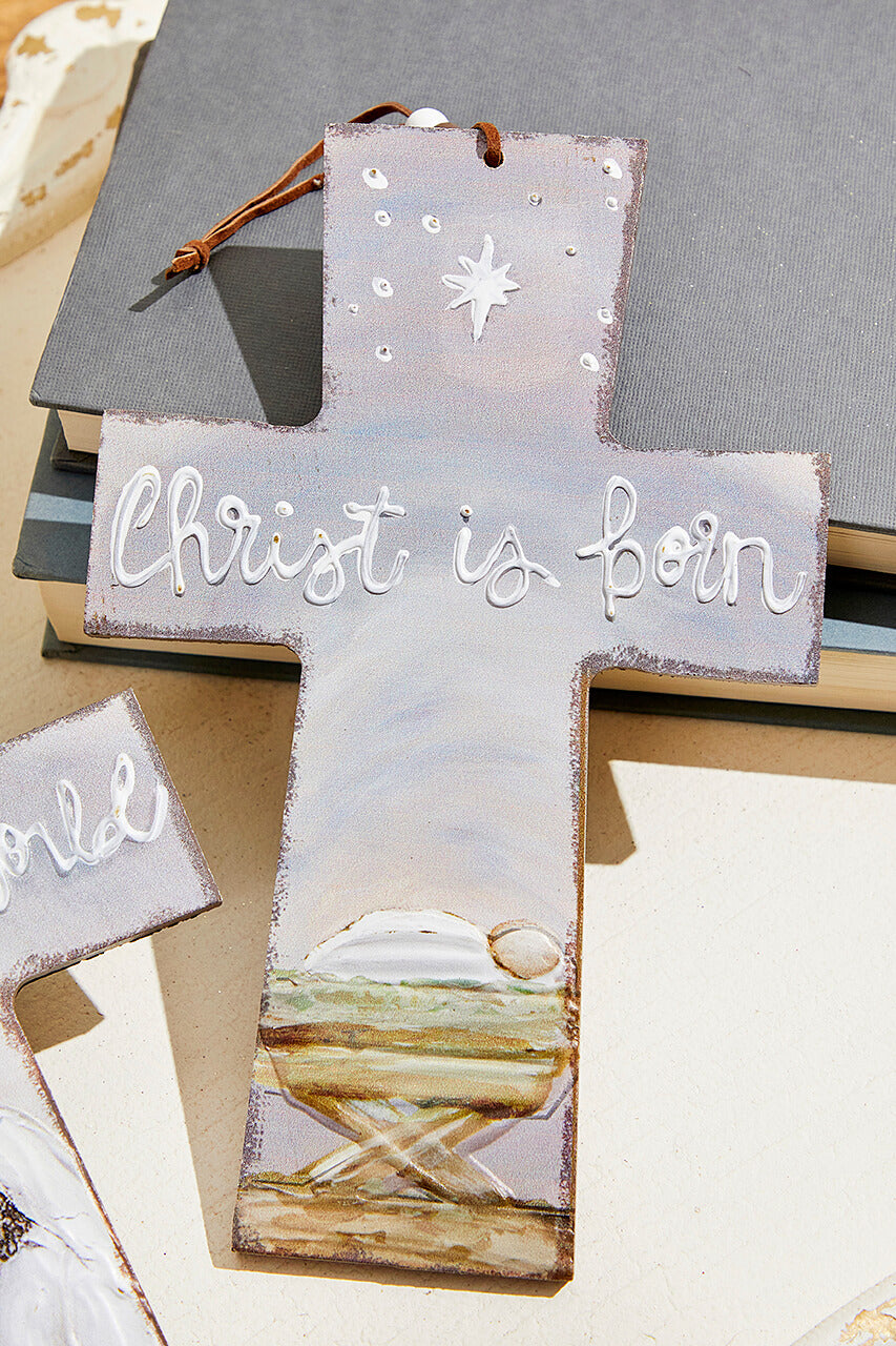 9" x 5.75" Grey Cross Jesus at Birth Ornament