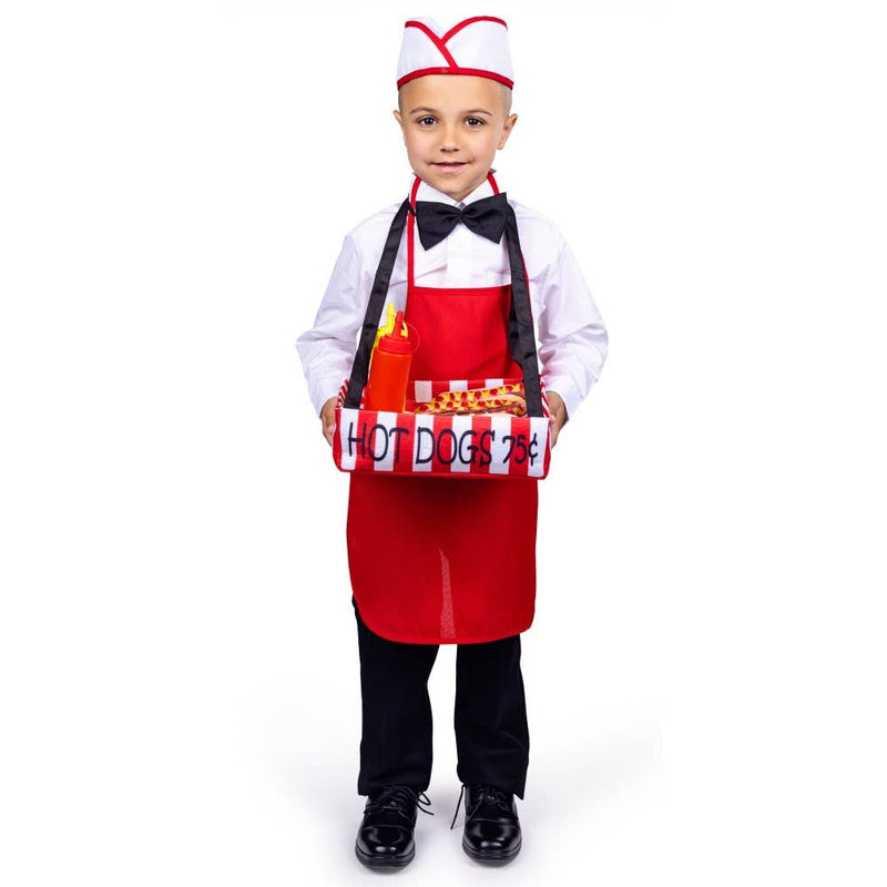 Hot dog vendor costume with apron hat bowtie and accessories