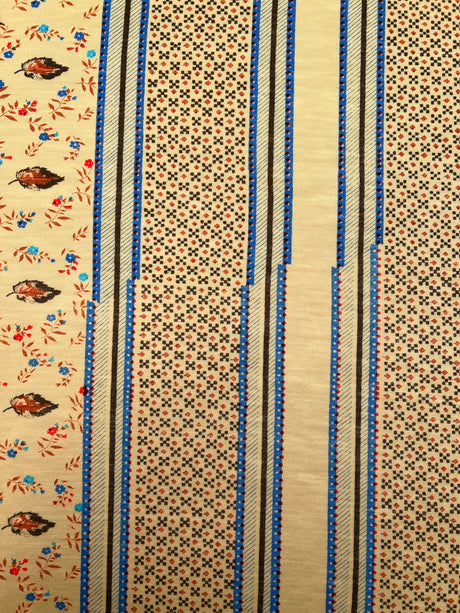 Acrylic Knitted Fabric Beige Blue Printed Lightweight Stretch