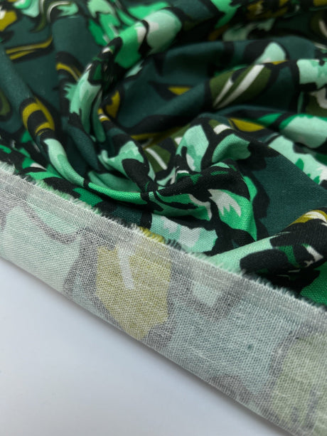 Linen Viscose Floral Print Green Black