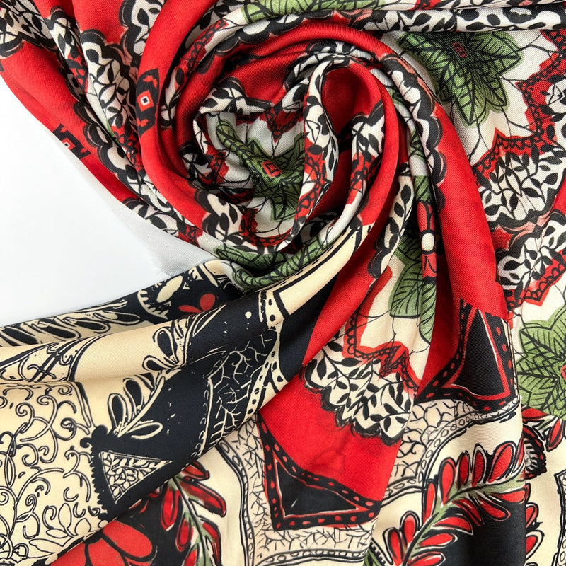 Polyester Sateen Floral Print Red Beige