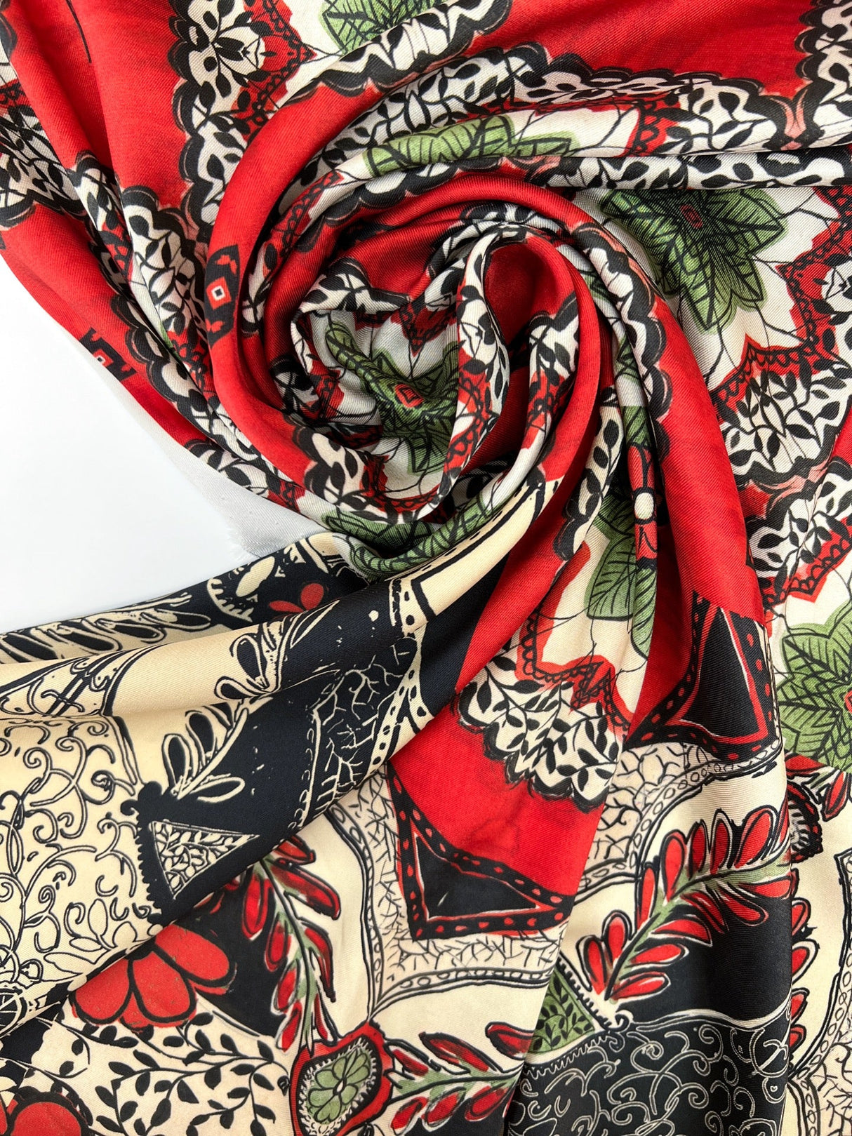 Polyester Sateen Floral Print Red Beige