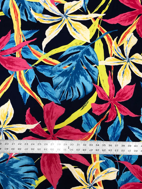 Dark Navy Background Big Flowers Polyester Spandex Fabric - Floral Print, 58" To 60" Width