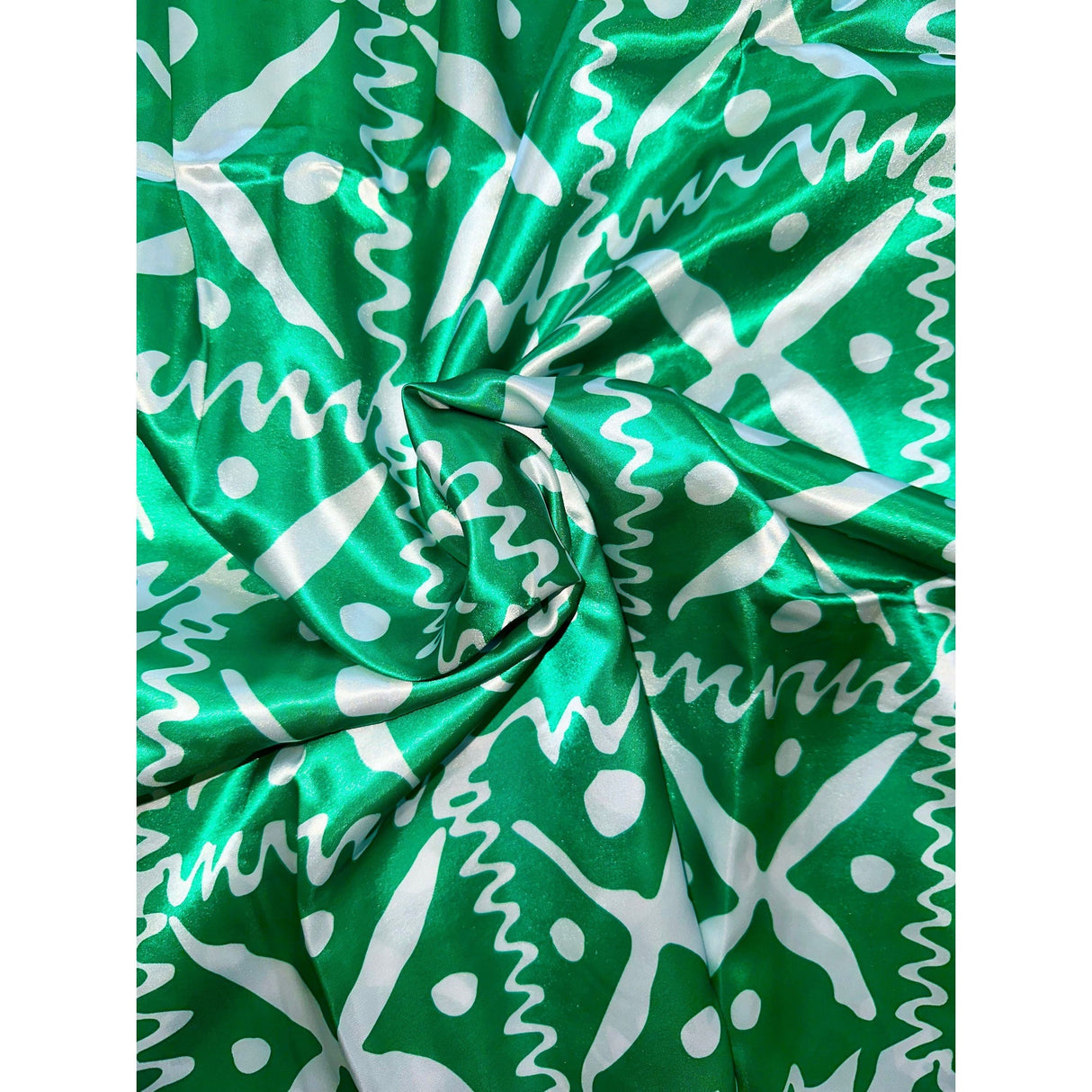 Naija To The Max Synthetic Satin Fabric - Green White African Print, 58" Width (Per Yard)