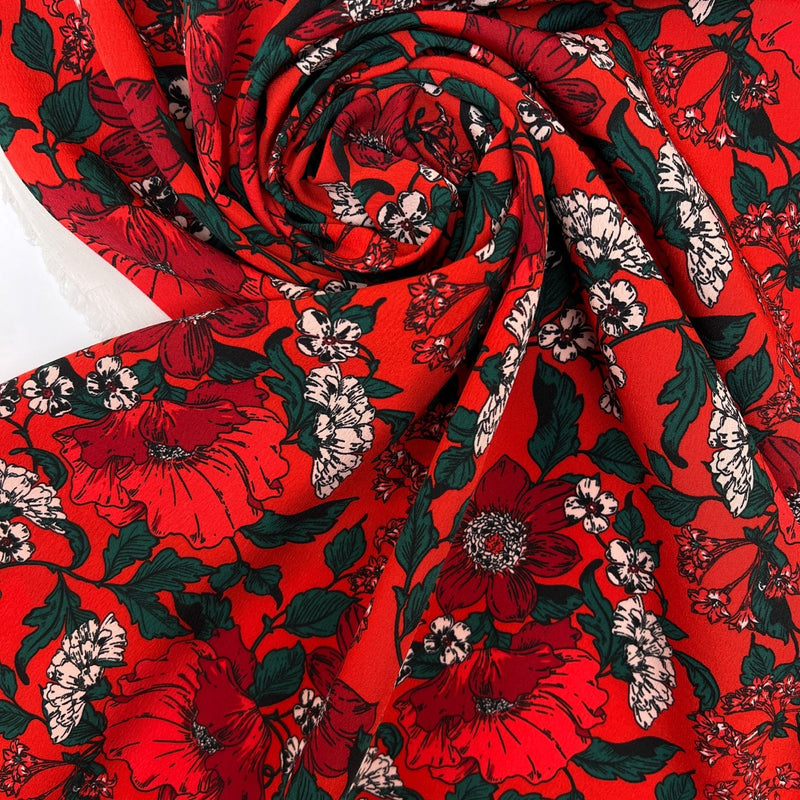 Polyester Crepe Floral Print Red Green