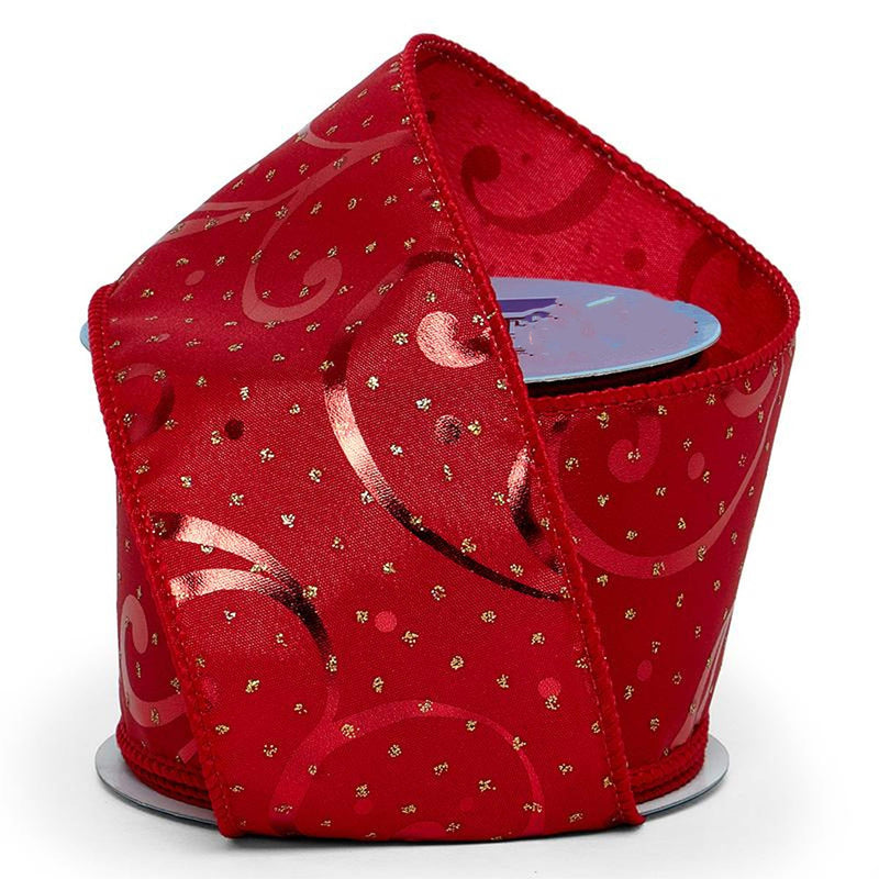 Glitter Swirls & Swipes On Wired Ribbon 2 1/2 '' X 10 yd Metallic Red Swipes Color 1 / roll