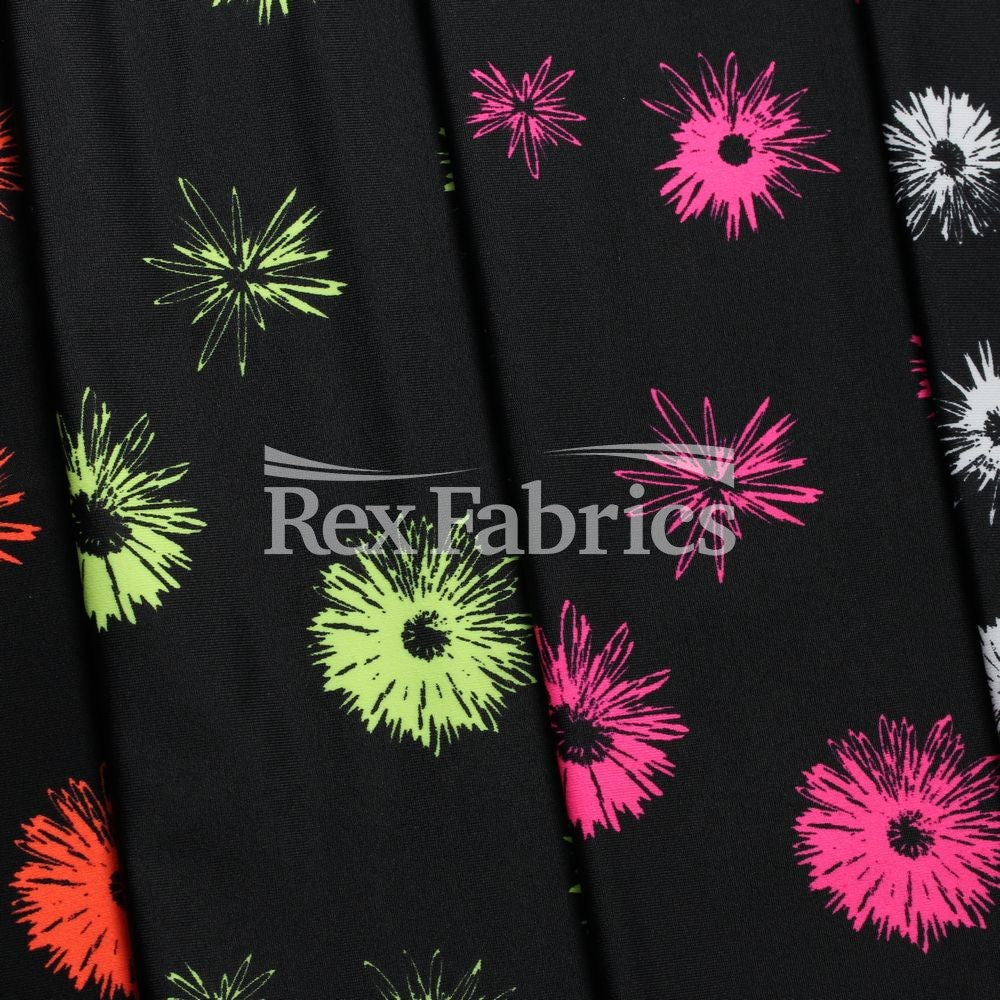 Daisy Nylon Spandex Fabric - Black Background Daisy Floral Print, 58/60" Width (1 Yard)