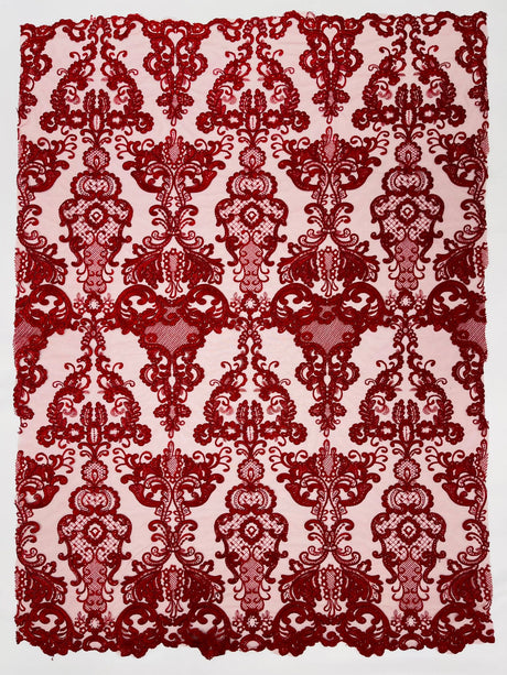 Damask Embroidered Lace Fabric - Damask Embroidered Lace, 54" Width (1 Yard)