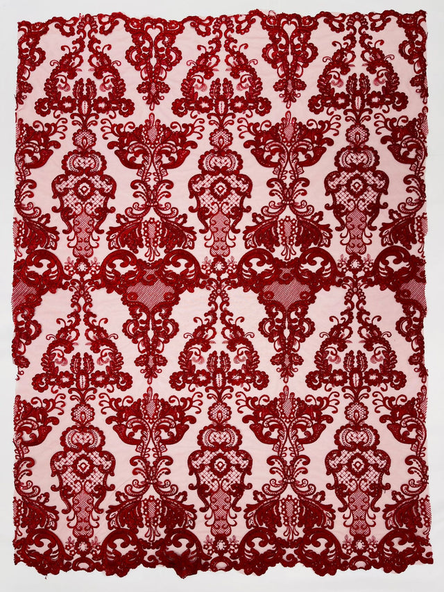Damask Embroidered Lace Fabric - Damask Embroidered Lace, 54" Width (1 Yard)
