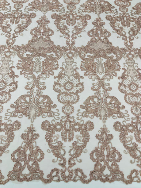 Damask Embroidered Lace Fabric - Damask Embroidered Lace, 54" Width (1 Yard)