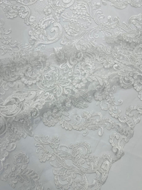 Damask Embroidered Lace Fabric - Damask Embroidered Lace, 54" Width (1 Yard)