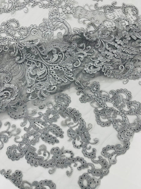 Damask Embroidered Lace Fabric - Damask Embroidered Lace, 54" Width (1 Yard)