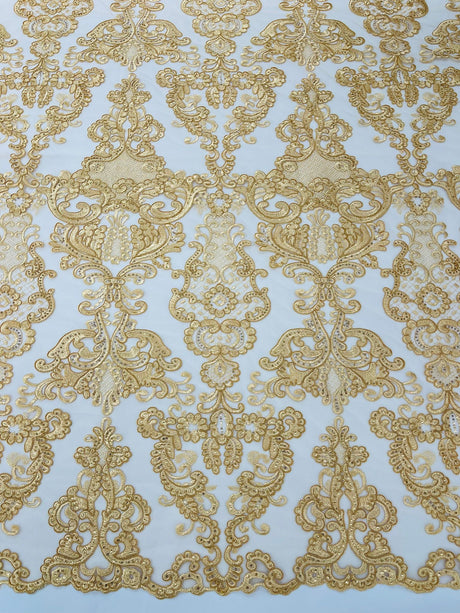 Damask Embroidered Lace Fabric - Damask Embroidered Lace, 54" Width (1 Yard)