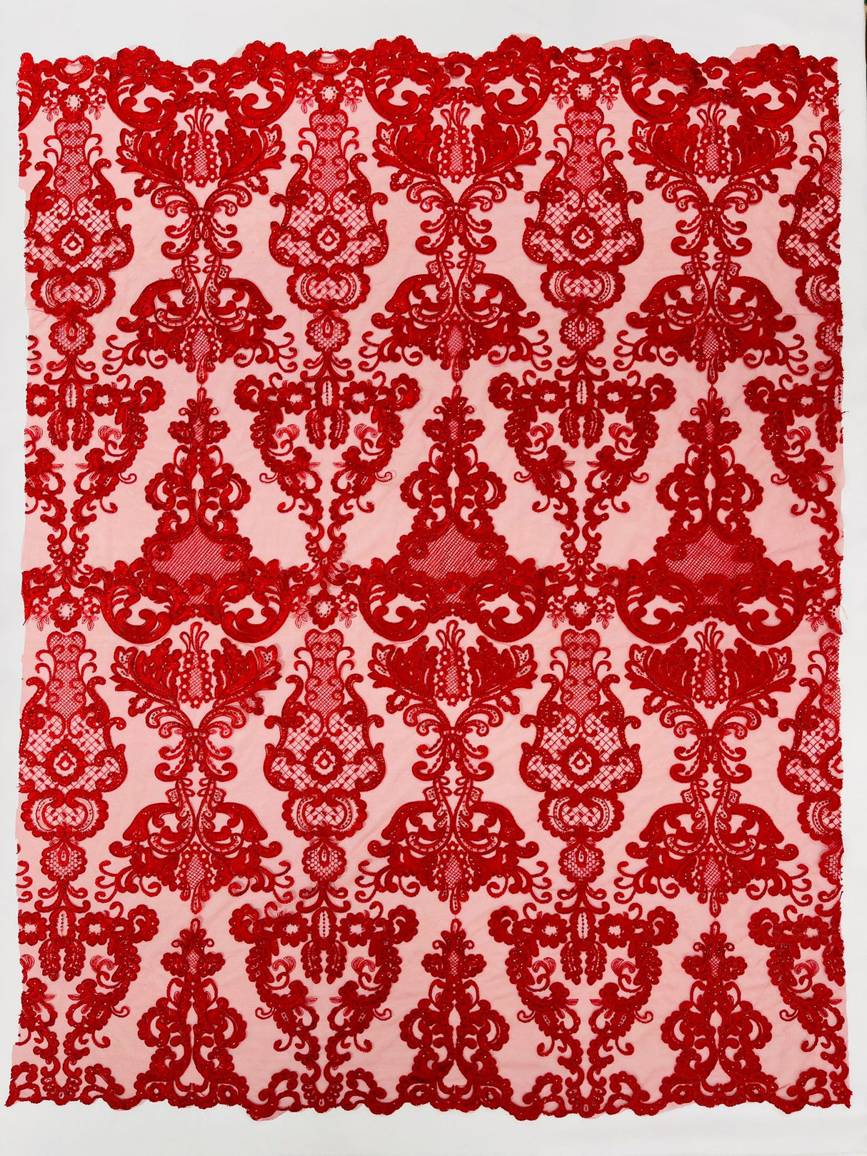 Damask Embroidered Lace Fabric - Damask Embroidered Lace, 54" Width (1 Yard)