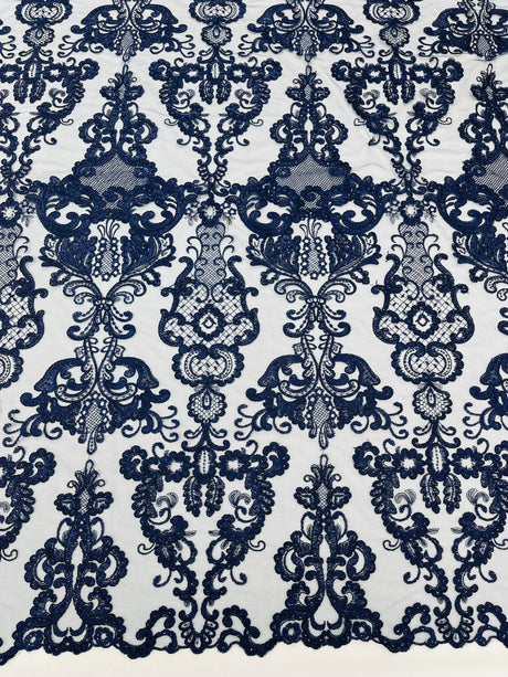 Damask Embroidered Lace Fabric - Damask Embroidered Lace, 54" Width (1 Yard)