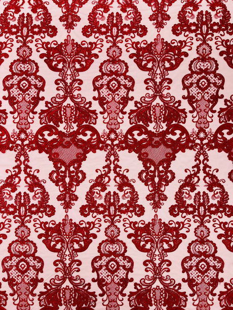 Damask Embroidered Lace Fabric - Damask Embroidered Lace, 54" Width (1 Yard)
