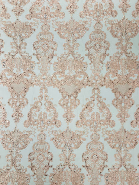 Damask Embroidered Lace Fabric - Damask Embroidered Lace, 54" Width (1 Yard)