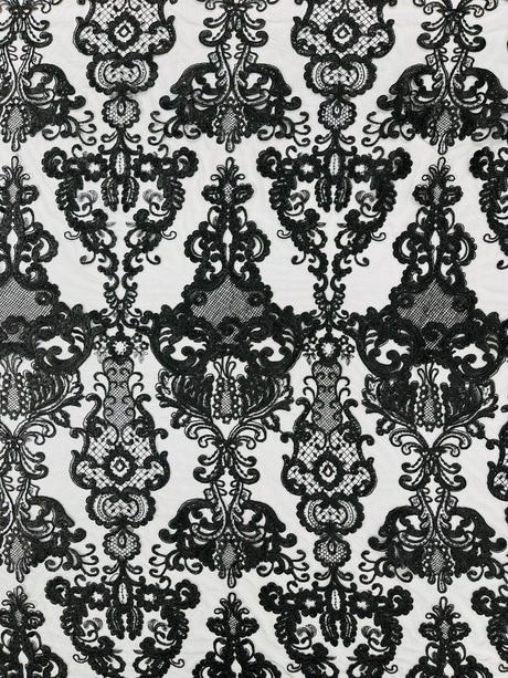 Damask Embroidered Lace Fabric - Damask Embroidered Lace, 54" Width (1 Yard)