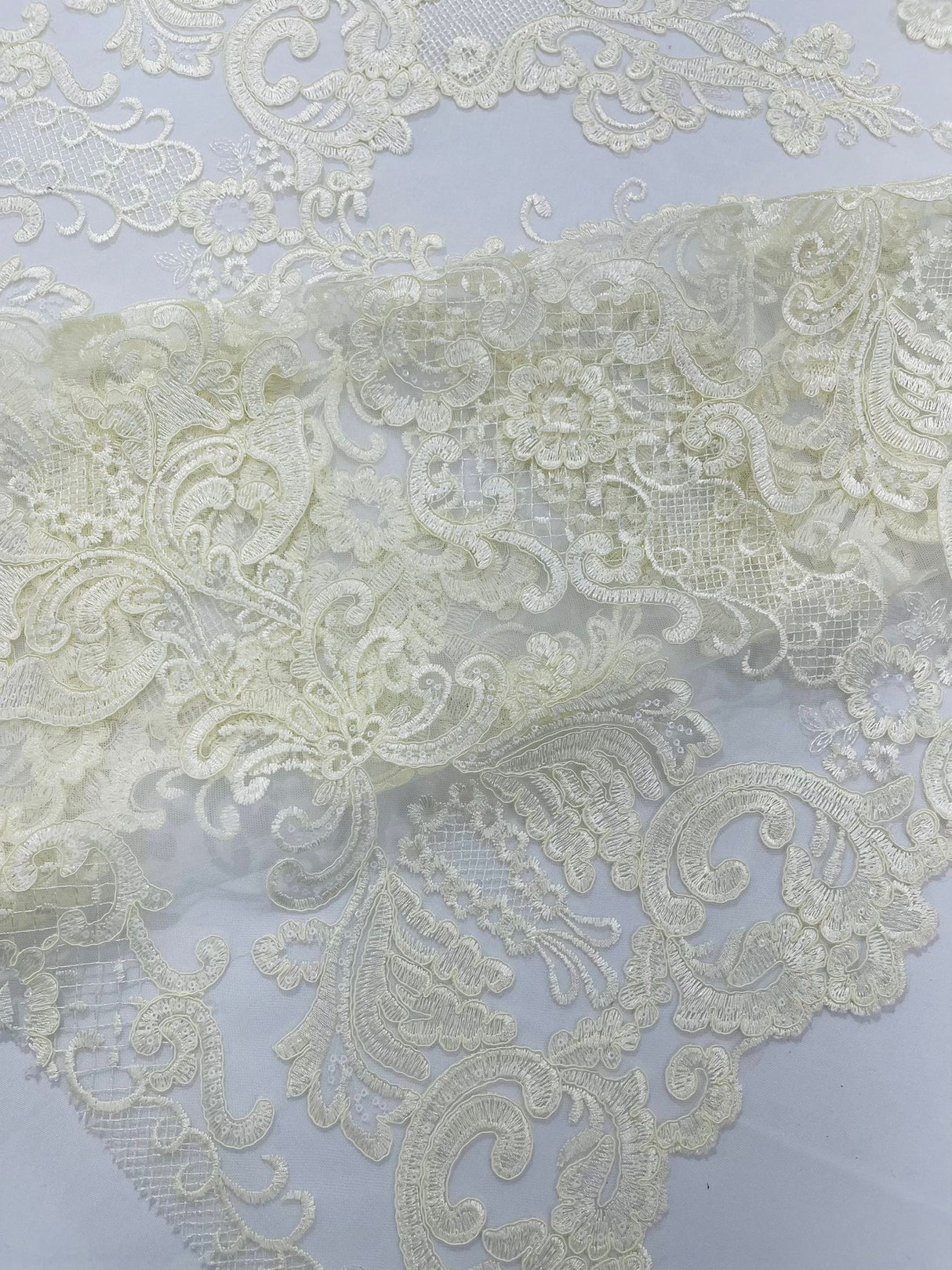 Damask Embroidered Lace Fabric - Damask Embroidered Lace, 54" Width (1 Yard)