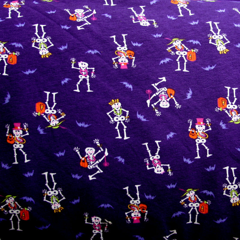 Cotton Lycra Knit Fabric Dancing Skeletons Purple