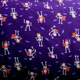 Cotton Lycra Knit Fabric Dancing Skeletons Purple