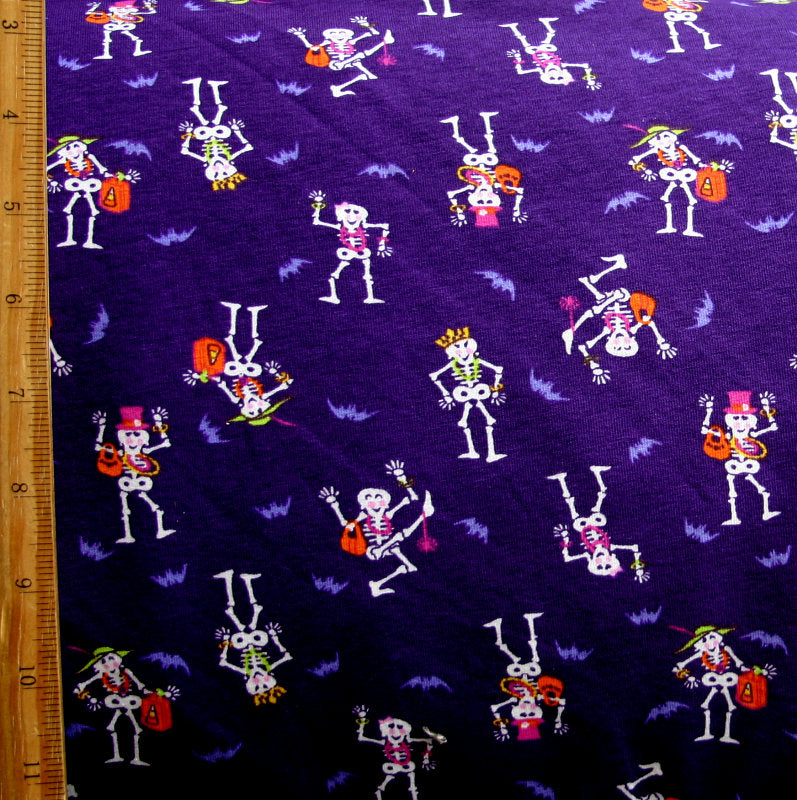 Cotton Lycra Knit Fabric Dancing Skeletons Purple