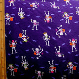 Cotton Lycra Knit Fabric Dancing Skeletons Purple