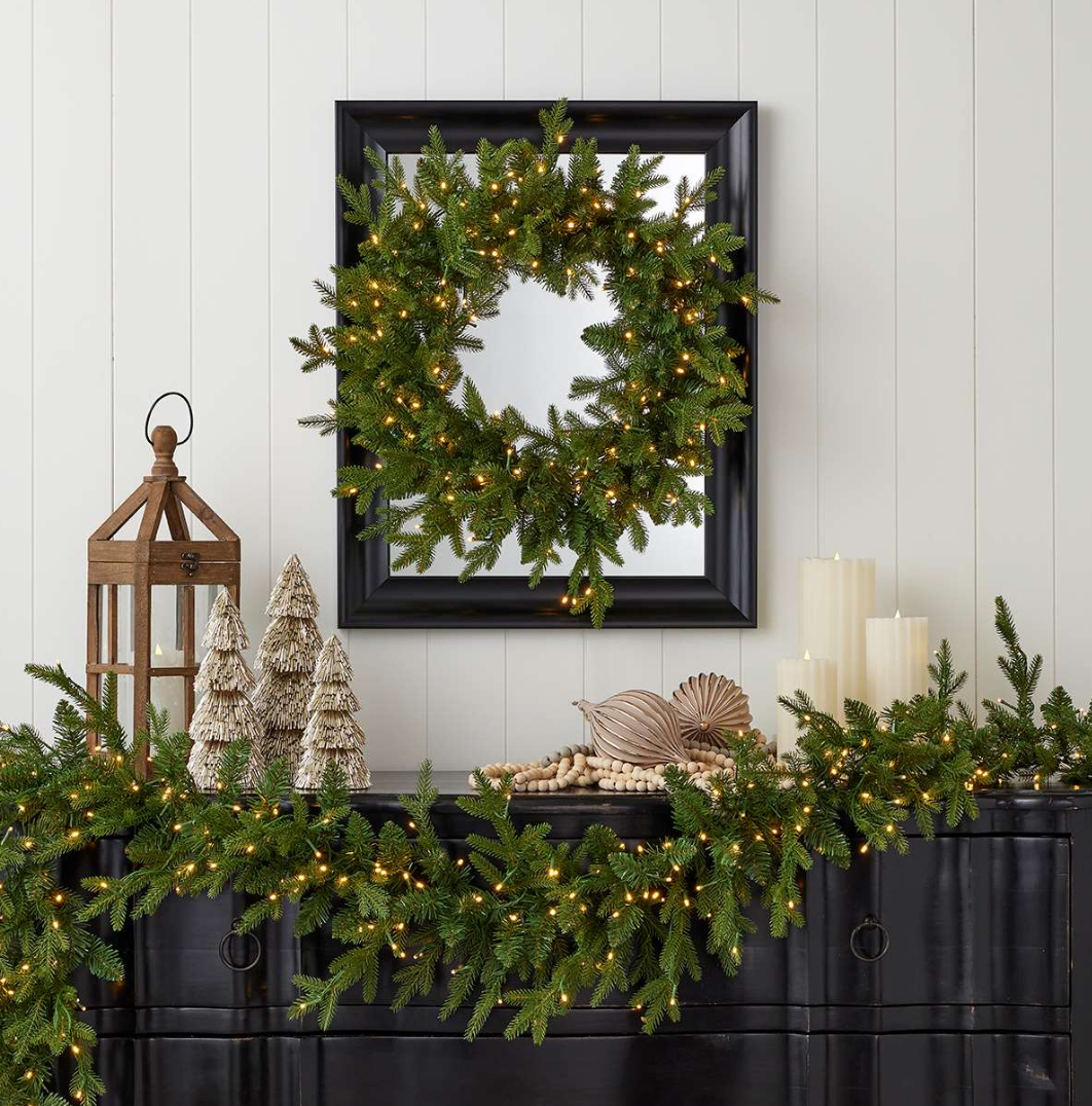 24" Dandan Green Plug-In Wreath with Warm White LED Lights
