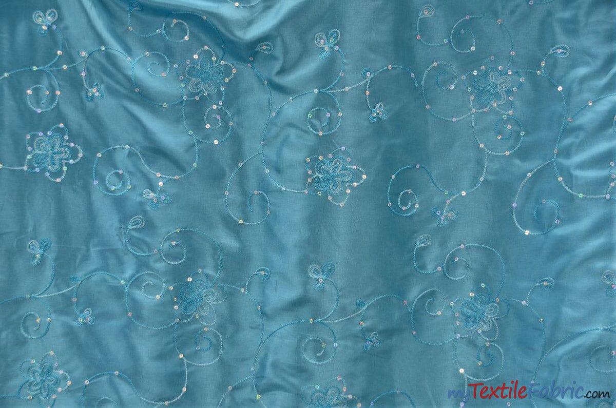 Aurora Taffeta Embroidered Floral Taffeta Fabric - Multi Color Floral Embroidery With Sequins, 54" Width (1 Yard)