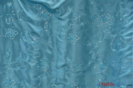 Aurora Taffeta Embroidered Floral Taffeta Fabric - Multi Color Floral Embroidery With Sequins, 54" Width (1 Yard)