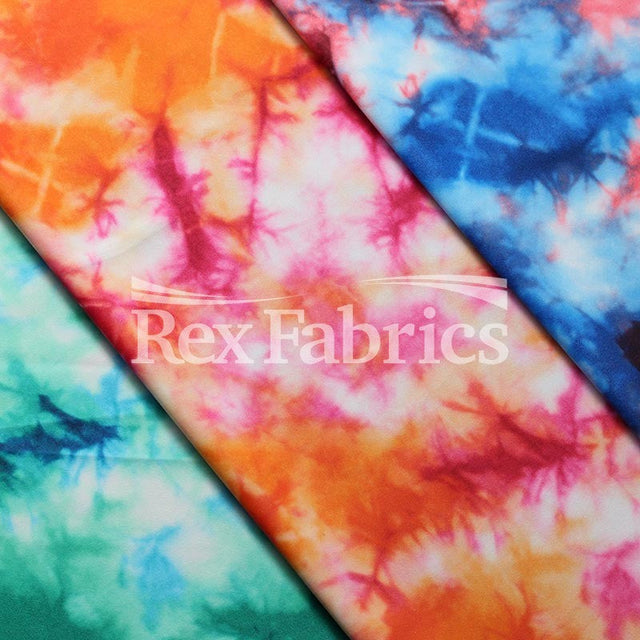 Dark Autumn Poly Spandex Fabric - Watercolor Marble Print, Royal/Coral, Orange/Pink, Green, 58/60" Width (1 Yard)