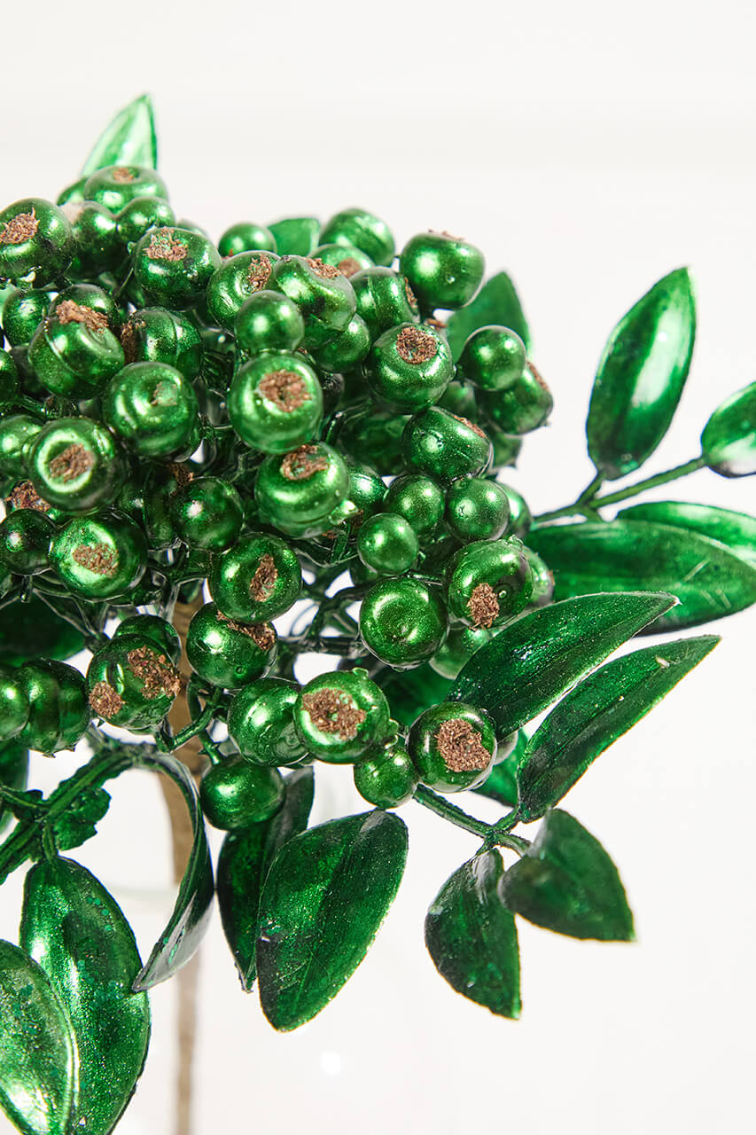 14" Dark Green Berry Bunch Metallic Stem