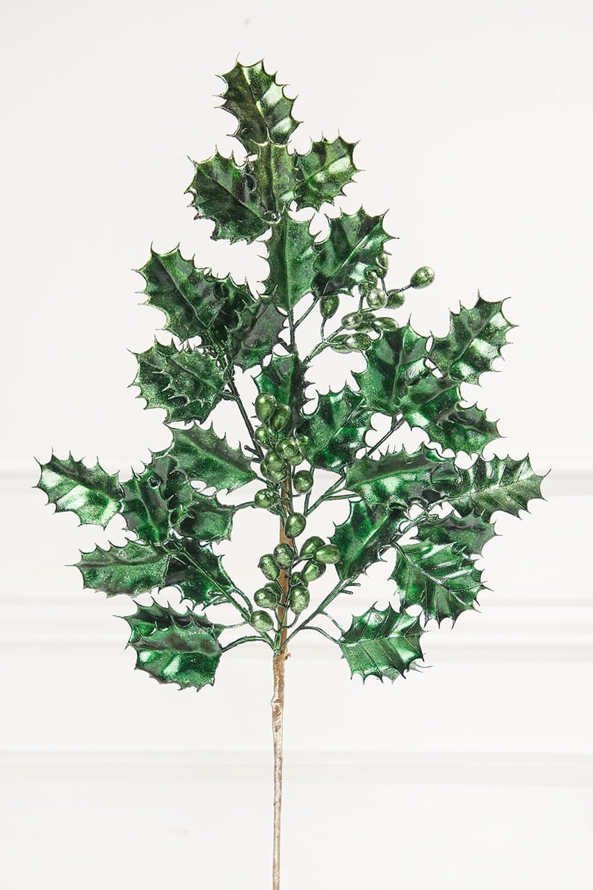 27" Dark Green Metallic Holly Berry Stem