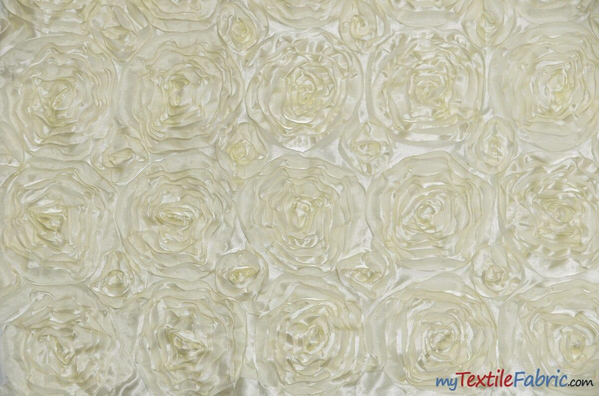 Rosette Satin Polyester Fabric - 3D Satin Floral Embroidery, 52/54" Width (Yards, Bolts, Sample Swatch)