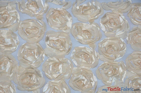 Rosette Satin Bordeaux Polyester Fabric - 3D Floral Satin Embroidered On A Mesh, Bordeaux, 52" Width (1 Yard)