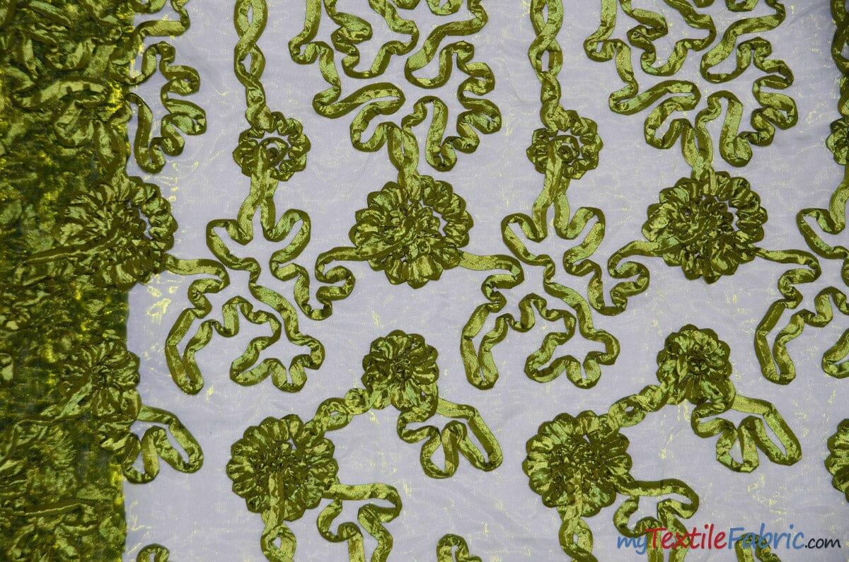 Luxury Organza Embroidery Polyester Fabric - Sheer Ribbon Embroidery, 54" Width, Multiple Colors (1 Yard)