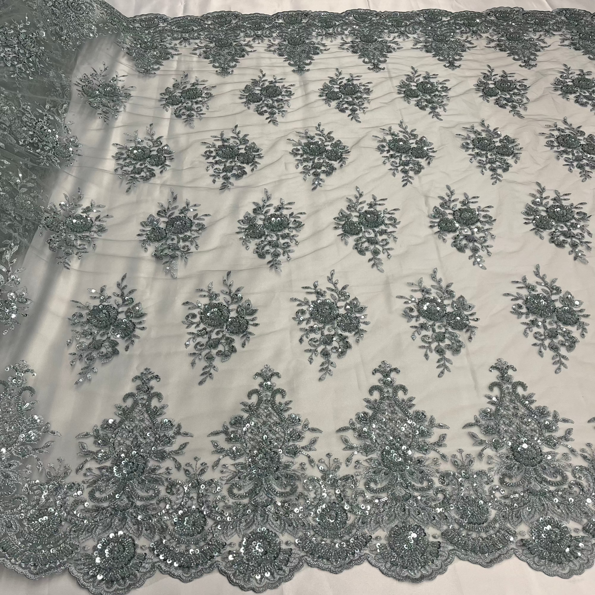 Beaded Lace Fabric on Polyester Net Mesh