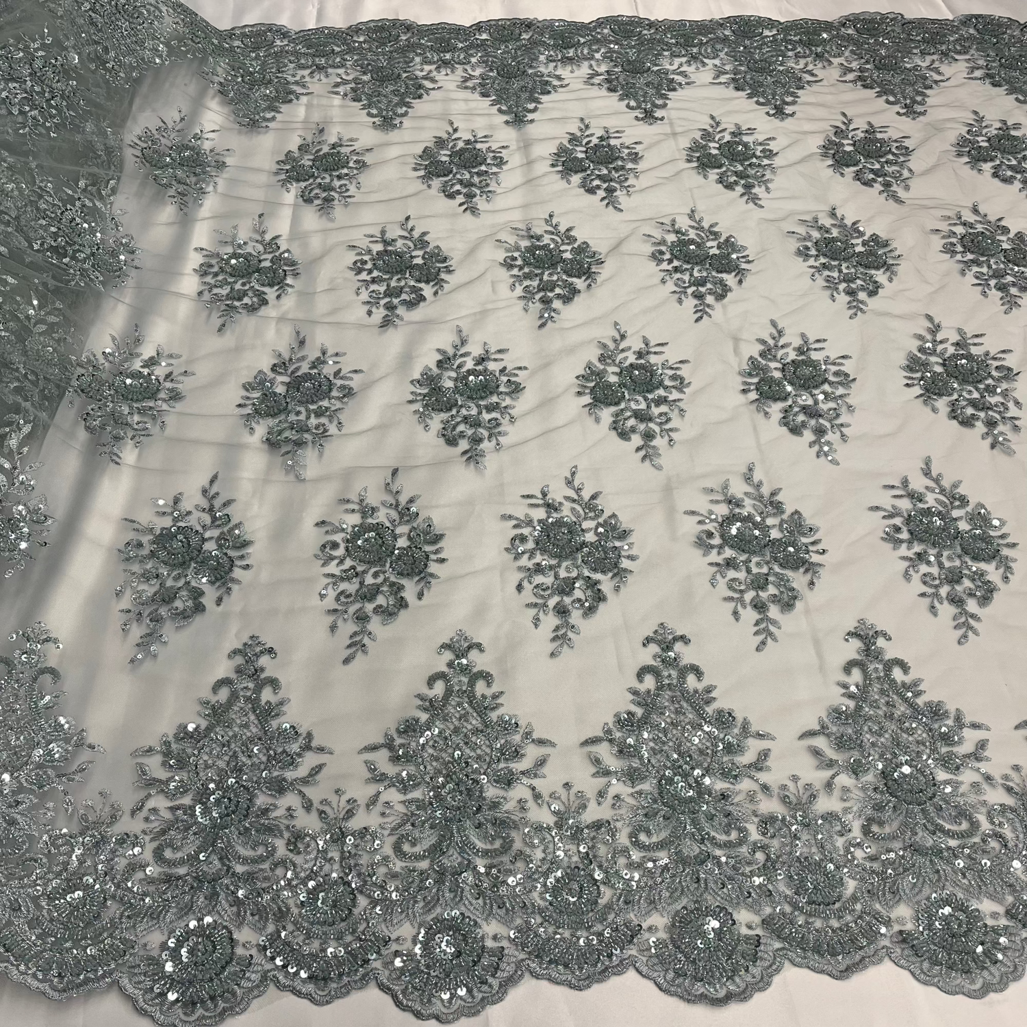 Beaded Lace Fabric on Polyester Net Mesh