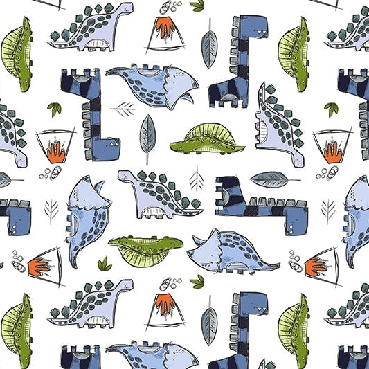 Cuddle Fabric Jurassic Dinosaur Print Snow