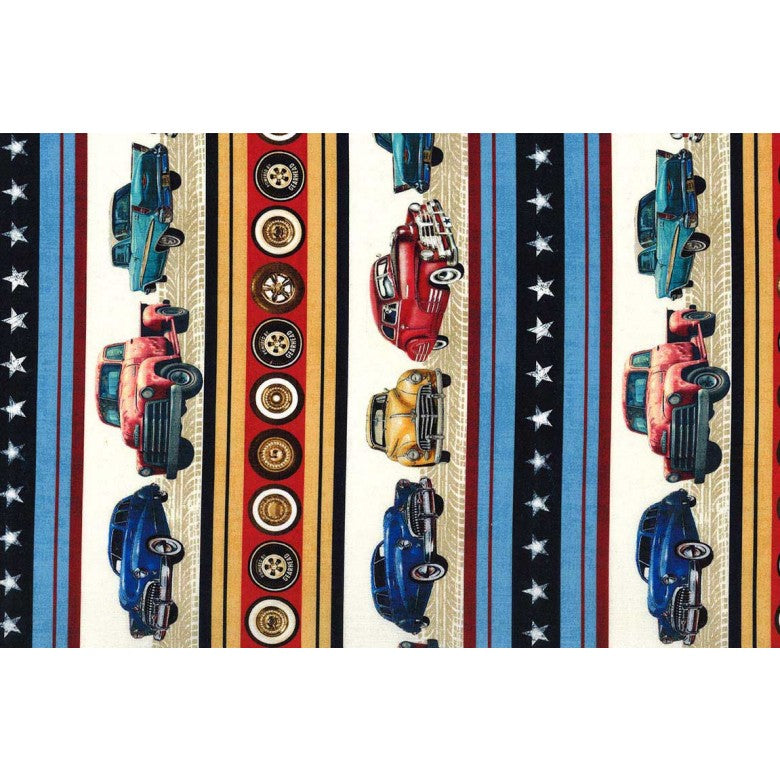 Cotton Route 66 Vintage Car Stripe Fabric 44/45"